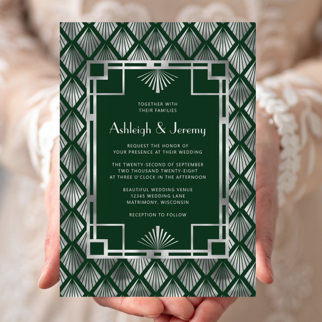 Smaragdgrüne silberne Vintage-Deco-Hochzeit Einladung (Von Creator hochgeladen)
