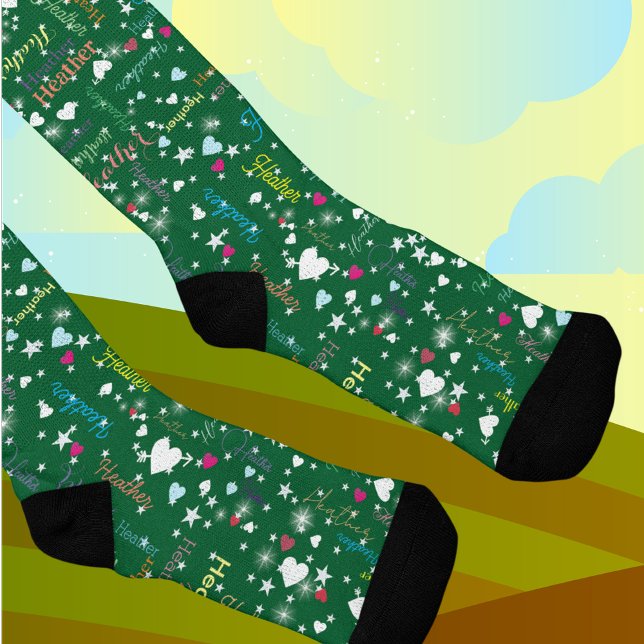 Smaragdgrüne Socken voller Names Herz und Sterne (Von Creator hochgeladen)