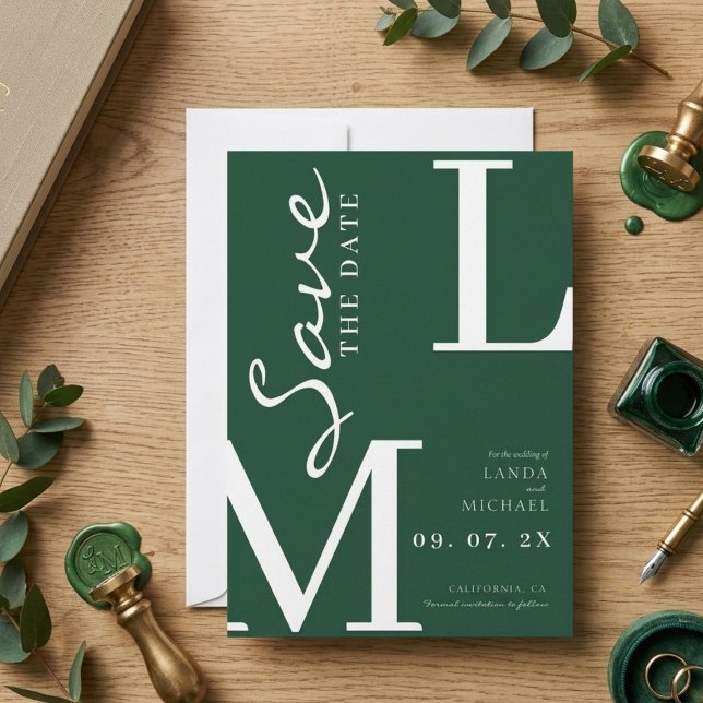 Smaragdgrüne stilvolle Monogramm-Hochzeit Save The Date (Von Creator hochgeladen)