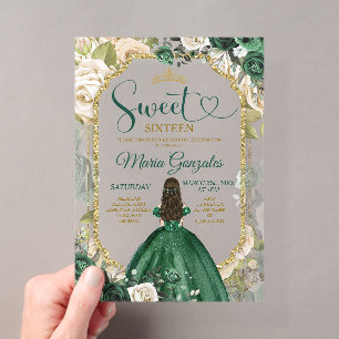 Smaragdgrüne Sweet 16 Quinceañera Glitter Floral Acryleinladungen