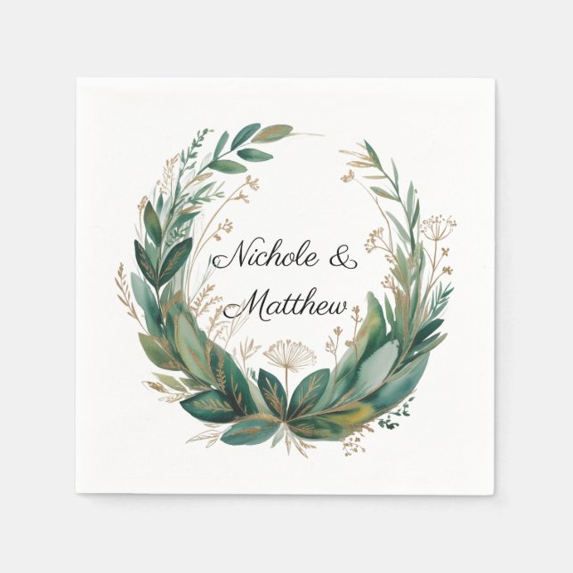 Smaragdgrüne und goldene Blumenrahmen-Hochzeit Serviette (Vorderseite)