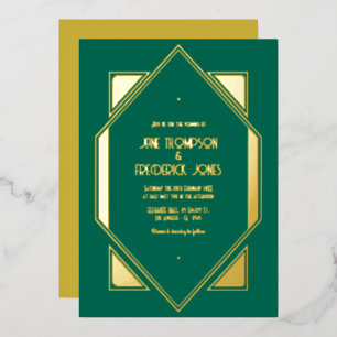 Smaragdgrüne und goldene Gatsby Art Deco Hochzeit Folieneinladung
