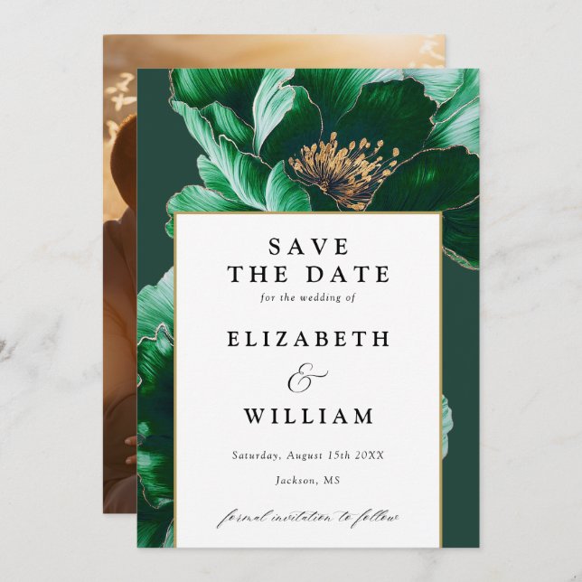 Smaragdgrüne und goldene Hochzeit mit modernem Fot Save The Date (Vorne/Hinten)