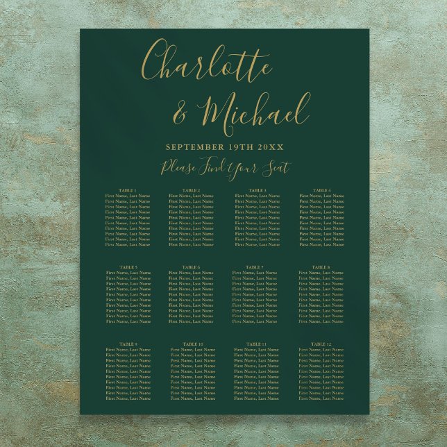 Smaragdgrüne und goldene Hochzeitstabelle Poster (Emerald Green And Gold Wedding Seating Chart)