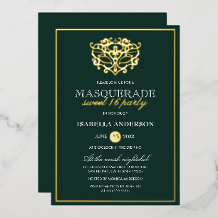 Smaragdgrüne und goldene Maskenball Sweet 16 Party Folieneinladung