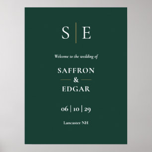 Smaragdgrüne und goldene Monogramm-Hochzeits-Willk Poster