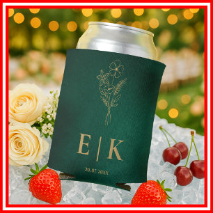 Smaragdgrüne und goldene Monogramm-Wildblumenhochz Dosenkühler