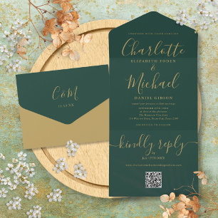 Smaragdgrüne und goldene QR-Code-Hochzeit All In One Einladung