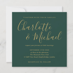 Smaragdgrüne und goldene Signature-Script-Hochzeit Einladung