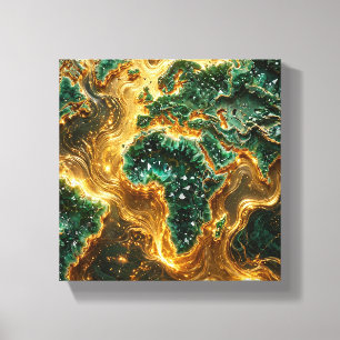 Smaragdgrüne und goldene Weltkarte auf Leinwand -