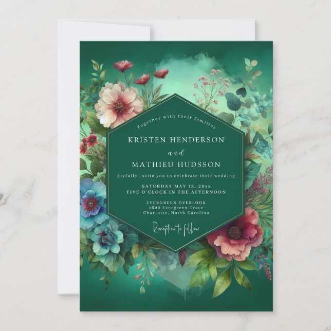 Smaragdgrüne üppige Hochzeit Einladung (Vorderseite)