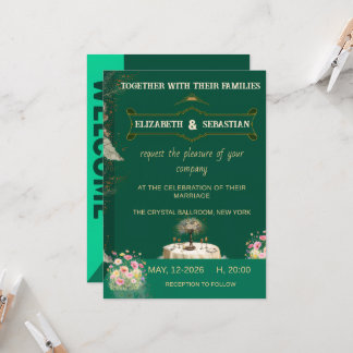 Smaragdgrüne Vintage-Blumengarten-Hochzeit Einladung