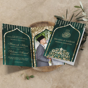 Smaragdgrüne Vintage-Gold-Islamische-Bogen-Hochzei Einladung