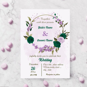 smaragdgrüne violette Blumen botanische Hochzeit Einladung