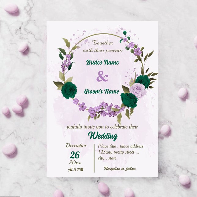 smaragdgrüne violette Blumen botanische Hochzeit Einladung (Von Creator hochgeladen)