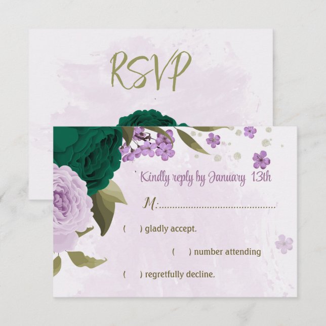 smaragdgrüne violette Blumen botanische Hochzeit RSVP Karte (Vorne/Hinten)