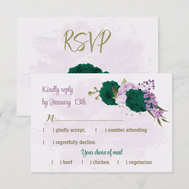 smaragdgrüne violette Blumen botanische Hochzeit RSVP Karte (Vorne/Hinten)