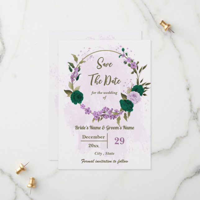 smaragdgrüne violette Blumen botanische Hochzeit Save The Date (Vorderseite/Rückseite Beispiel)