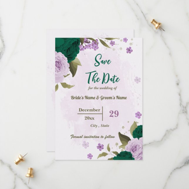 smaragdgrüne violette Blumen botanische Hochzeit Save The Date (Vorderseite/Rückseite Beispiel)