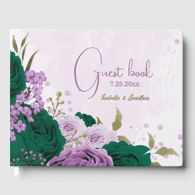 Smaragdgrüne, violette Blumen Hochzeit Gästebuch (Vorderseite)