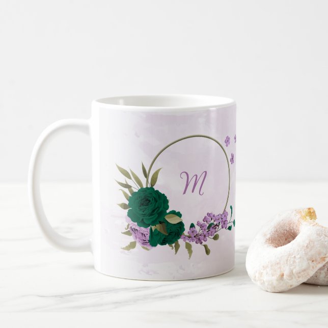 Smaragdgrüne violette Blumen Kaffeetasse (Mit Donut)
