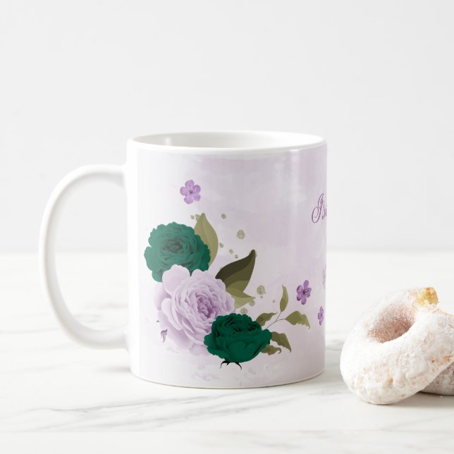 Smaragdgrüne violette Blumen Kaffeetasse (Mit Donut)