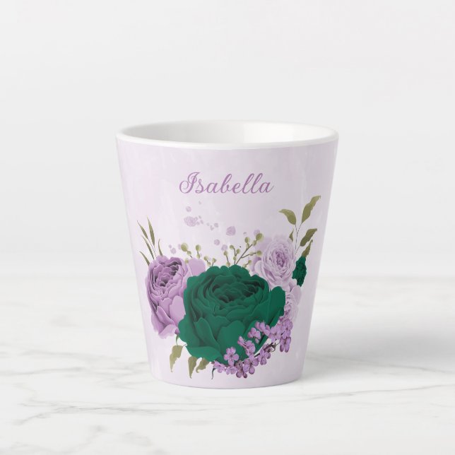 Smaragdgrüne violette Blumen Milchtasse (Vorderseite)