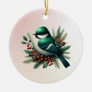 Smaragdgrüne Vögel und Zweige  Keramik Ornament