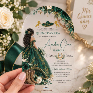 Smaragdgrüne weiße florale Charro-Quinceanera-Einl Acryleinladungen