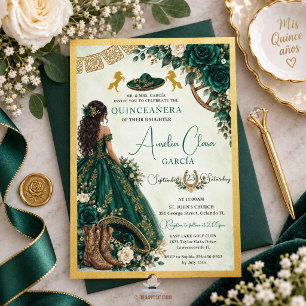 Smaragdgrüne weiße florale Charro-Quinceanera-Einl Einladung