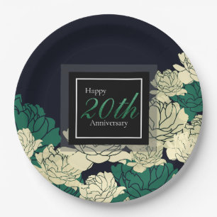 Smaragdgrüner 20. Hochzeitstag Rosen-Druck Pappteller