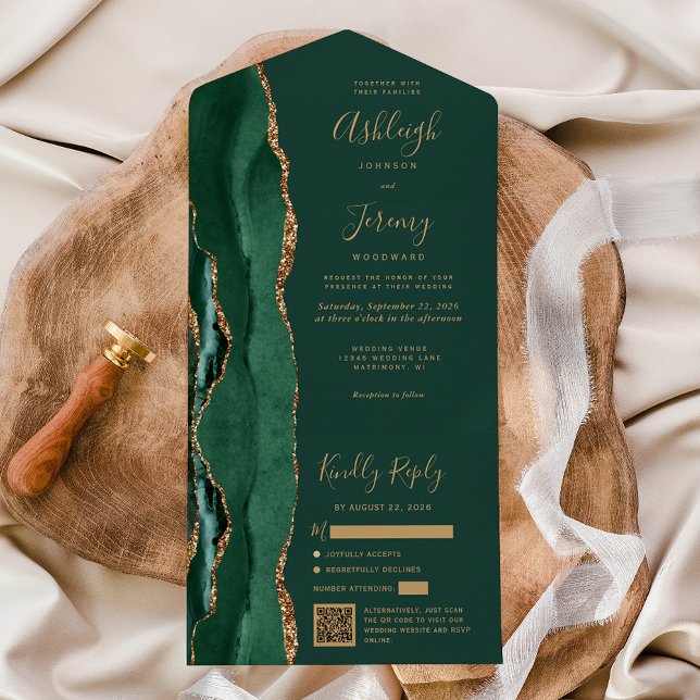 Smaragdgrüner Achat Gold QR Code Hochzeit All In One Einladung (Von Creator hochgeladen)