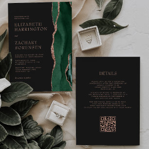 Smaragdgrüner Achat Rosen Gold QR Code Hochzeit Einladung