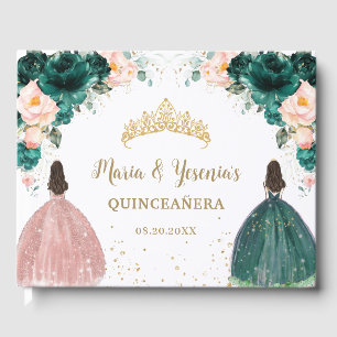 Smaragdgrüner Blushrosa Florale Zwillings Quinceañ Gästebuch
