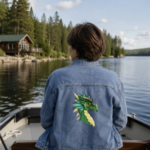 Smaragdgrüner Drachenporträtkopf Fantasy Jeansjacke