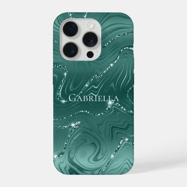Smaragdgrüner Glitzermarmor Personalisiert iPhone Hülle (Rückseite)