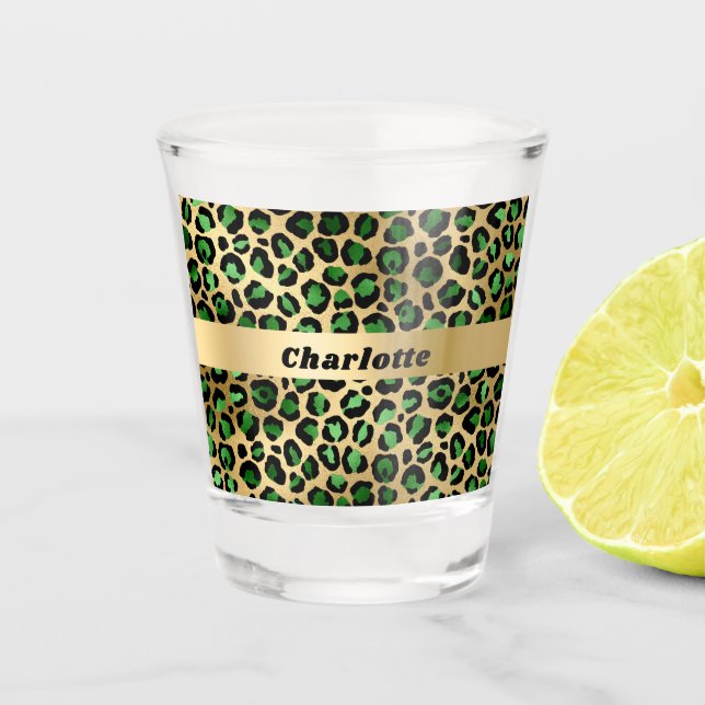 Smaragdgrüner Gold-Leoparden-Gepard-Mustername Schnapsglas (Vorderseite)