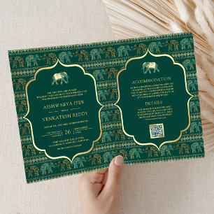 Smaragdgrüner Goldener Indischer Elefant Hochzeit Einladung