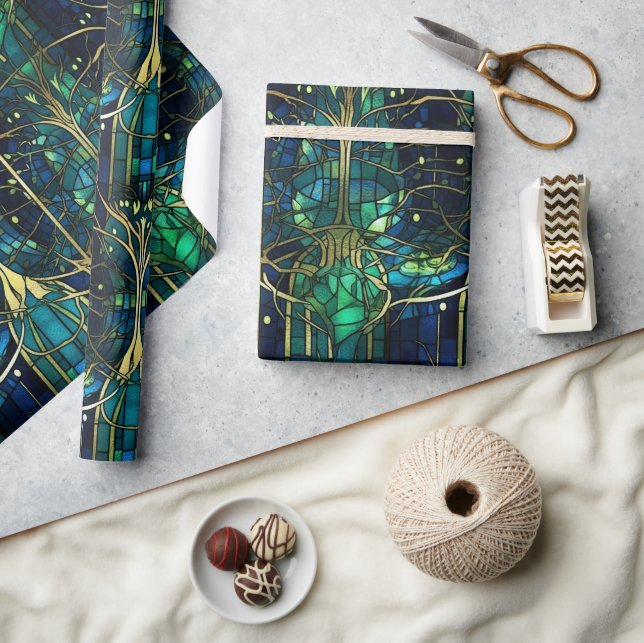Smaragdgrüner Himmlischer Baum Buntglas Muster Geschenkpapier (Kunsthandwerk)