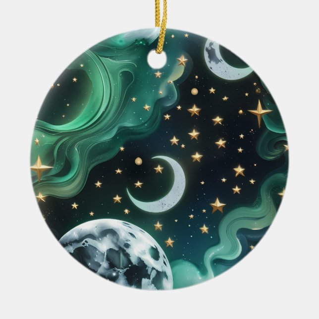 Smaragdgrüner himmlischer Mondphasen-Schmuck Keramik Ornament (Vorne)
