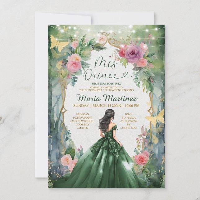 Smaragdgrüner Kleid Magischer Wald Mädchen Mis Qui Einladung (Vorderseite)