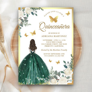 Smaragdgrüner Kleid Schmetterling Gold Quinceanera Einladung