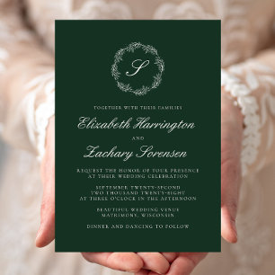 Smaragdgrüner Monogramm-Kranz Weiße Schrift Hochze Einladung