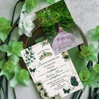 Smaragdgrüner Schmetterling Quinceañera Foto-Einla Einladung