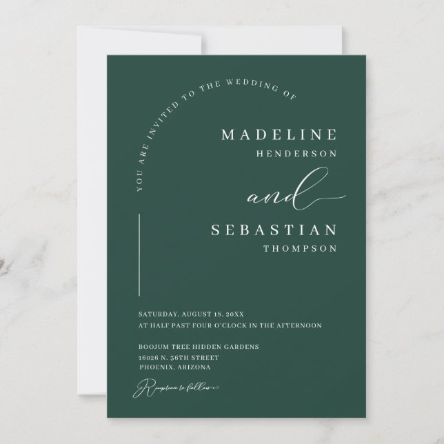 Smaragdgrüner üppiger moderner Bogen Foto Hochzeit Einladung (Vorderseite)
