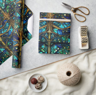 Smaragdgrüner Wald Faux-Buntglas-Muster Geschenkpapier