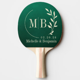 Smaragdgrünes Blatt-Hochzeitsmonogramm Tischtennis Schläger