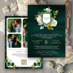 Smaragdgrünes Blumen QR Code Foto Wappen Hochzeit Einladung