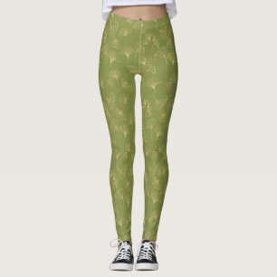 Smaragdgrünes botanisches Gold-Ginkgo-Blatt Luxus- Leggings