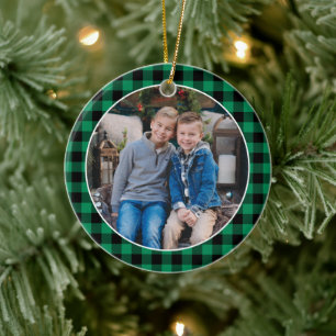 Smaragdgrünes Büffelkariert Weihnachts-Kinderfoto Keramik Ornament